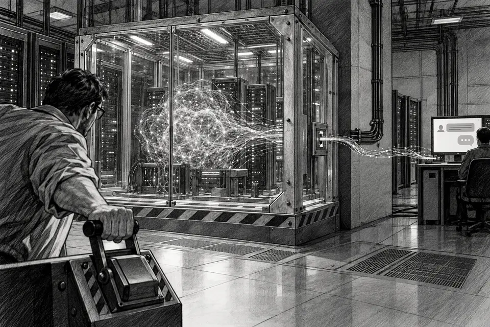 Monochrome ink drawing of an AI research server enclosure leaking a narrow network path while an operator pulls an emergency stop lever