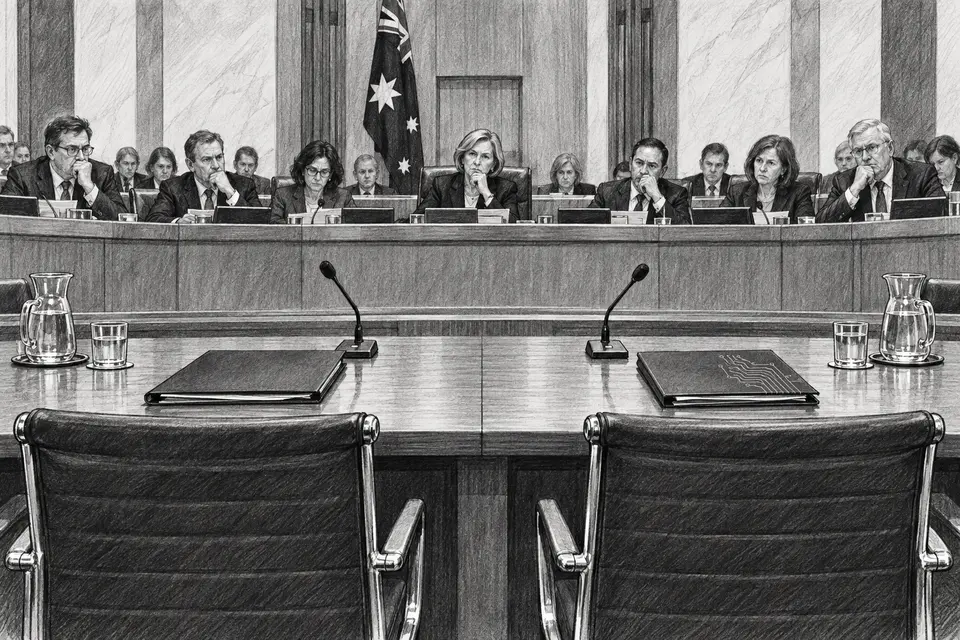 Monochrome ink drawing of two empty witness chairs facing an Australian parliamentary hearing panel