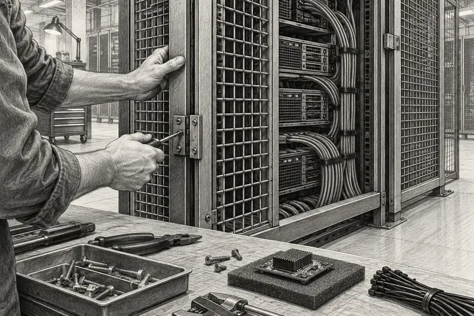Monochrome drawing of an engineer installing a protective boundary around server equipment