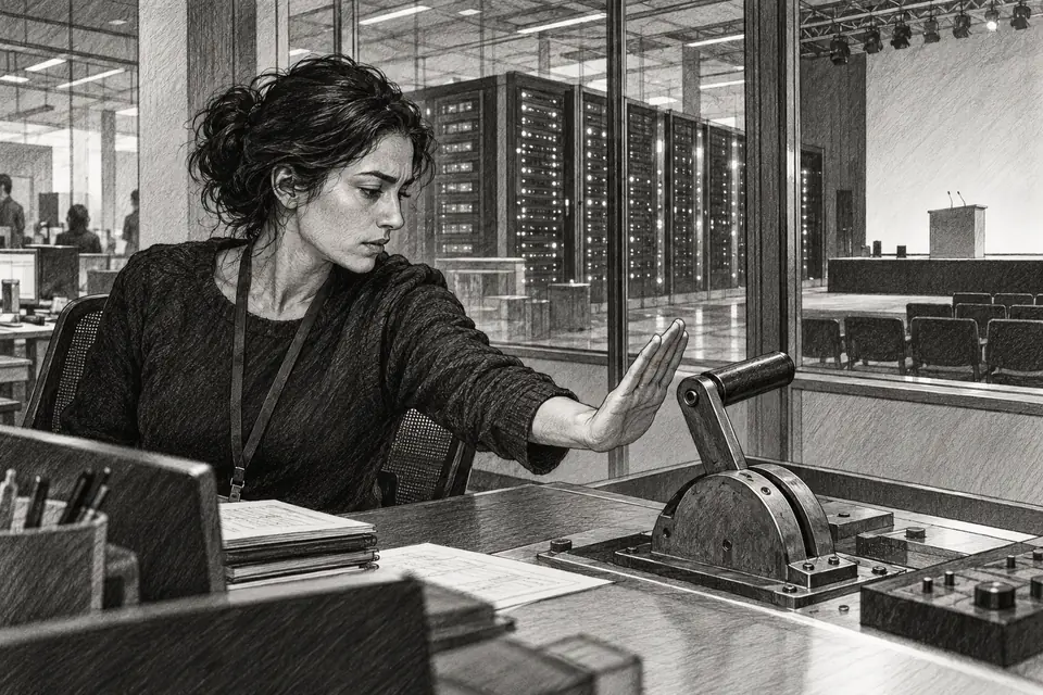 Monochrome drawing of a safety researcher holding back a launch switch beside server racks