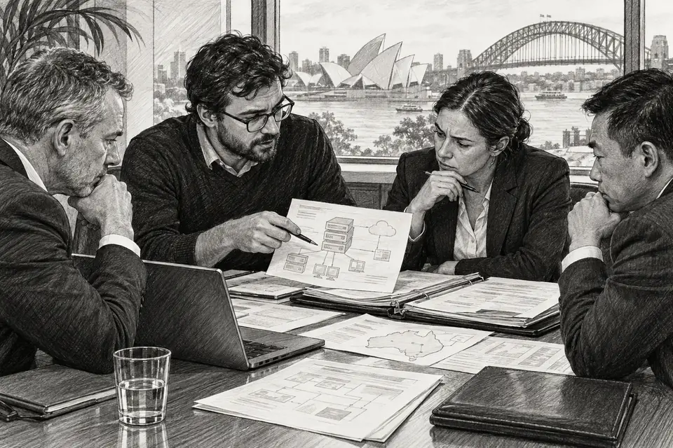 Monochrome drawing of cybersecurity responders reviewing an incident in a Sydney meeting room