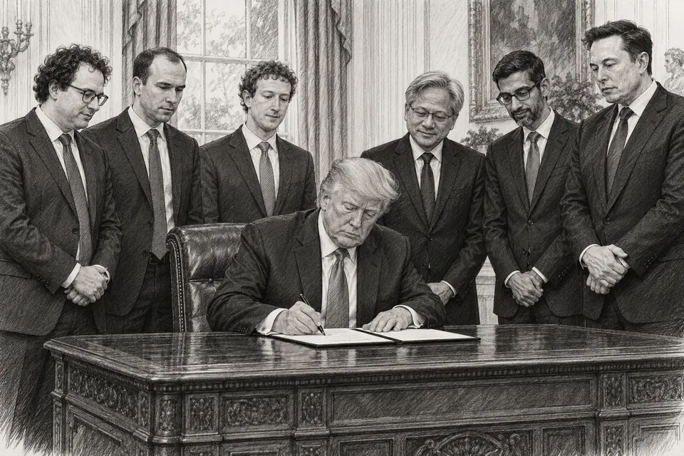 Monochrome drawing of Donald Trump signing an accord surrounded by AI industry leaders