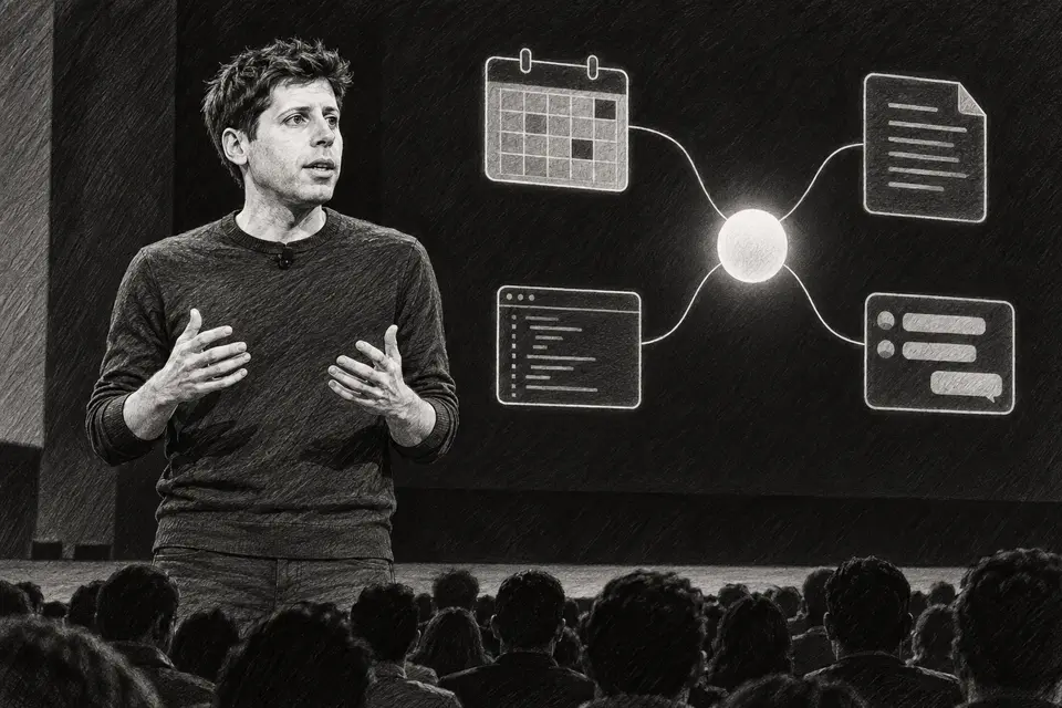 Monochrome drawing of Sam Altman presenting a persistent agent connected to work tools
