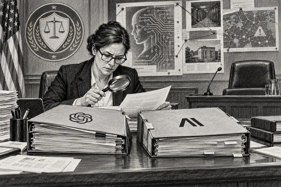 Monochrome drawing of an FTC investigator examining OpenAI and Anthropic case files