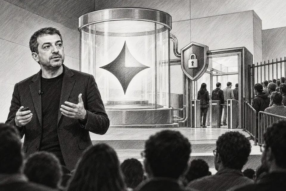 Monochrome drawing of Koray Kavukcuoglu presenting Gemini 4 Argon behind a controlled cyber access gate
