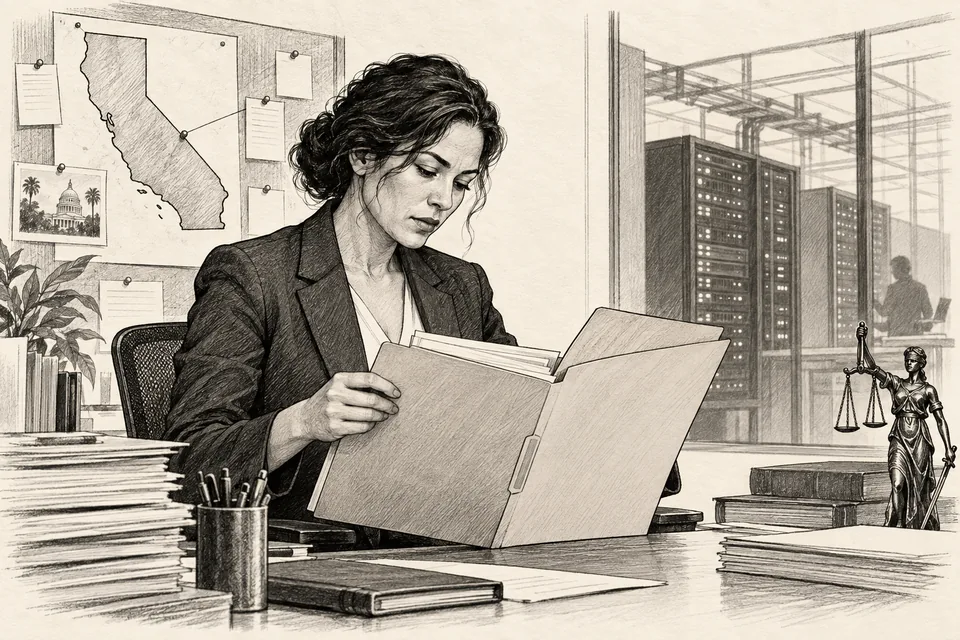 Monochrome drawing of a California investigator reviewing documents near a server room