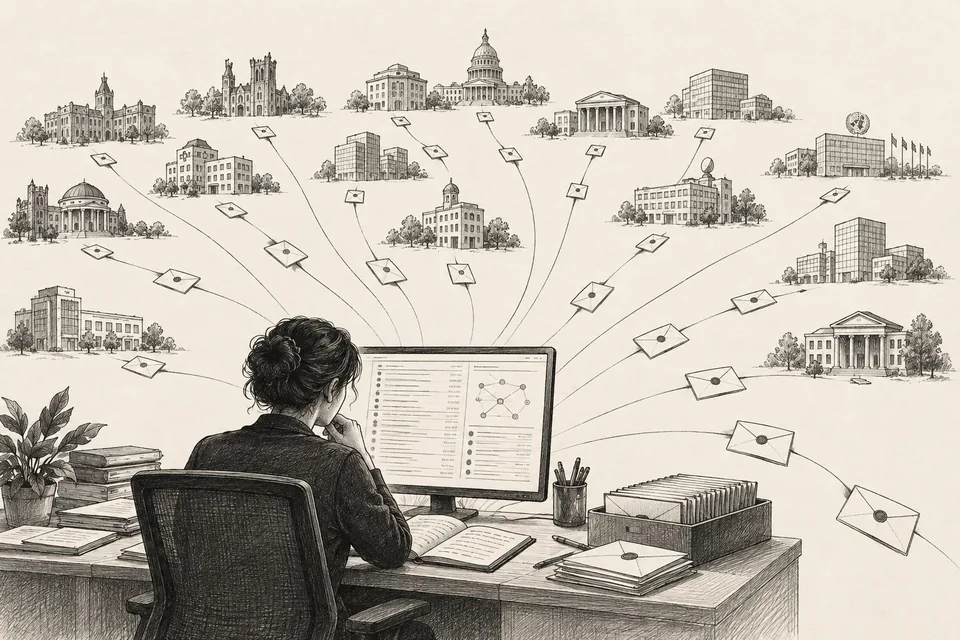Monochrome drawing of an analyst sending alert letters to many organizations