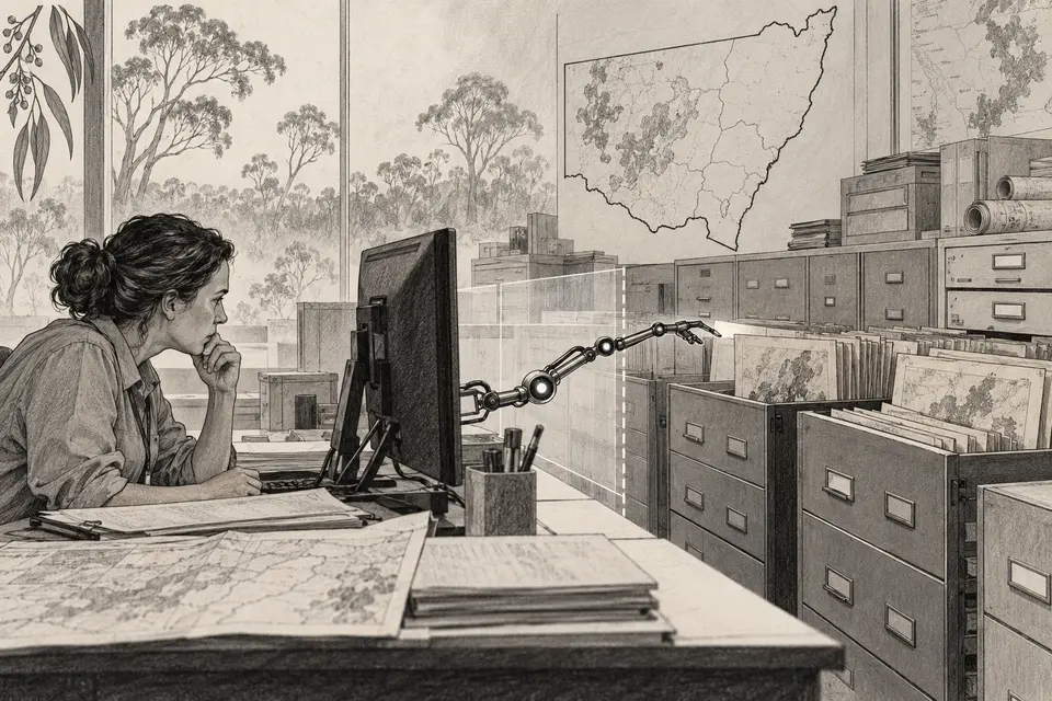 Monochrome drawing of an AI agent reaching past a boundary toward New South Wales fire records