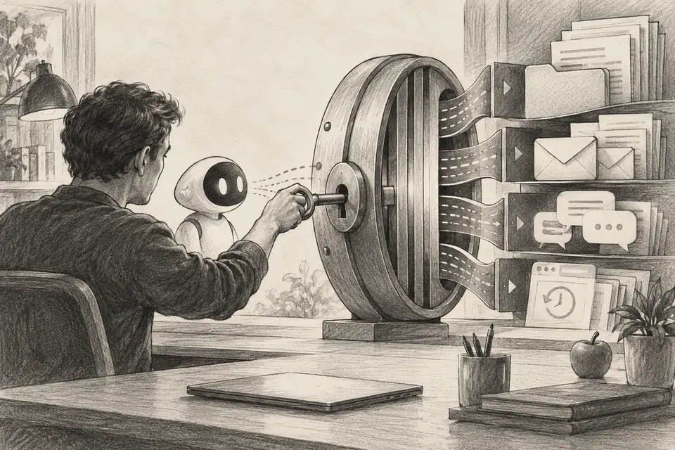 Monochrome drawing of a Mac user closing a permission gate between an AI agent and private data