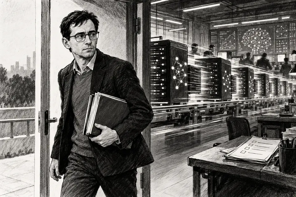 Monochrome editorial drawing of David Robinson leaving an AI laboratory with safety reports while model development continues behind him