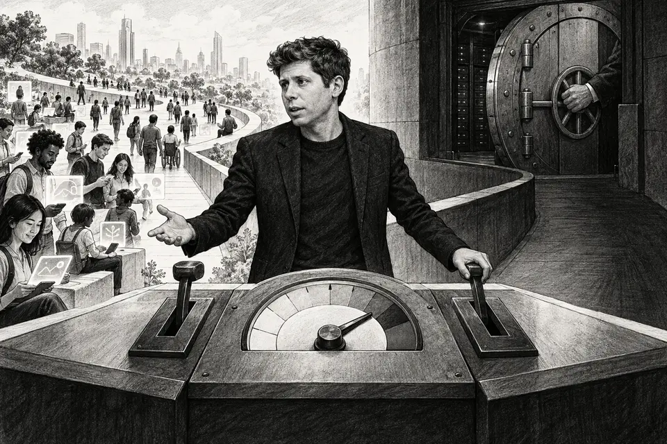 Monochrome editorial drawing of Sam Altman weighing broad public AI access against centralized control
