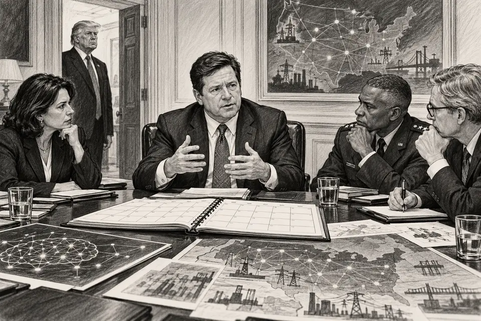 Monochrome editorial drawing of Jay Clayton leading a federal AI task force meeting while Donald Trump observes