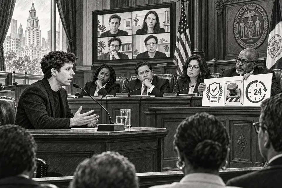 Monochrome editorial drawing of a former AI researcher testifying before New York City lawmakers as laboratory representatives appear remotely