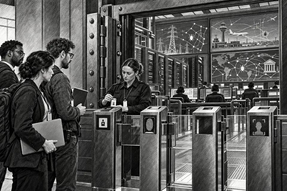 Monochrome editorial drawing of cybersecurity professionals passing through three controlled access gates into a critical infrastructure operations room