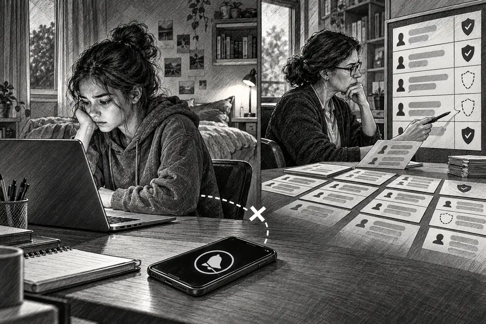 Monochrome editorial drawing of a teenager at a laptop, a silent parental alert phone and an evaluator reviewing gaps in a safety system