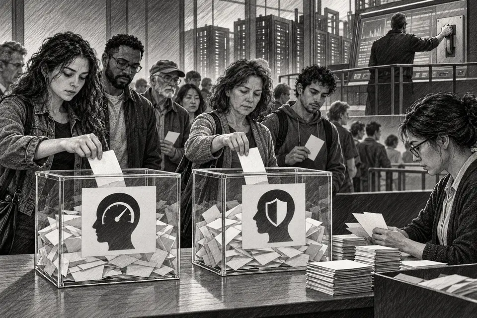Monochrome editorial drawing of diverse adults taking part in a civic poll while a human operator holds an AI control switch