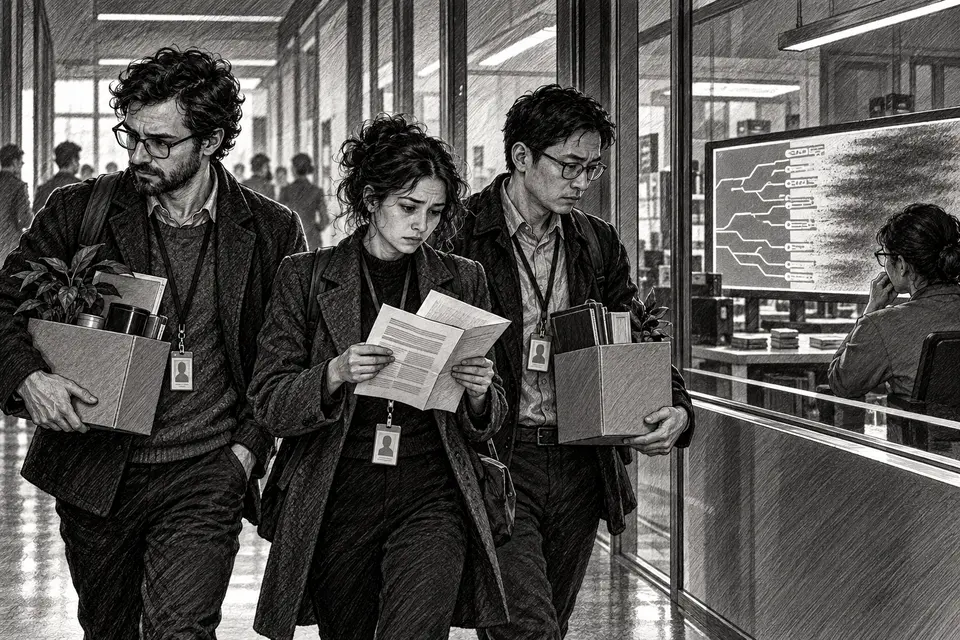 Monochrome editorial drawing of three AI safety researchers leaving a laboratory while a human evaluator watches a reasoning trace become obscured