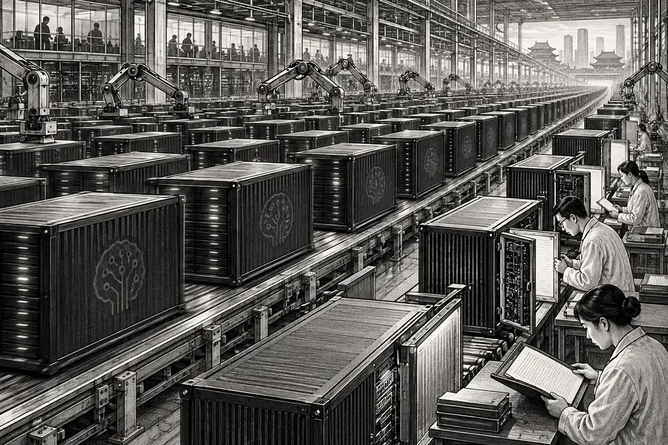 Monochrome editorial drawing of many AI model containers moving through a Chinese laboratory while only a few receive human safety inspection