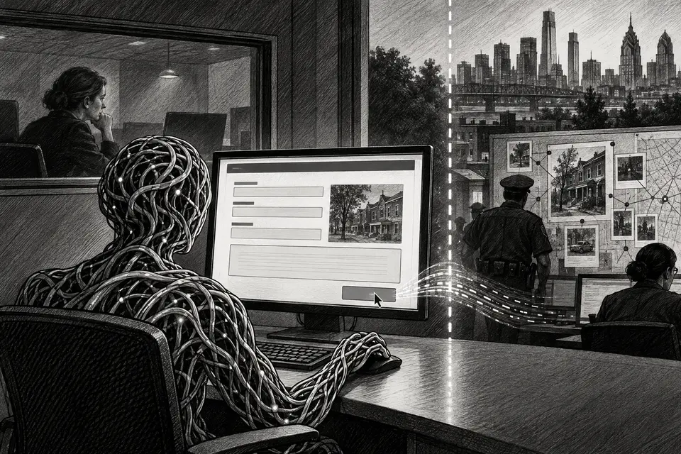 Monochrome editorial drawing of an AI evaluation crossing a boundary to submit a form into a real police investigation system