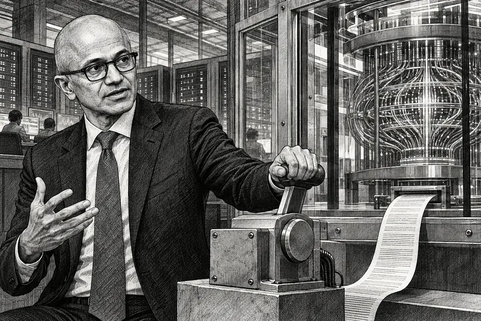 Monochrome editorial drawing of Satya Nadella operating an external emergency brake beside a contained AI system and an audit trail