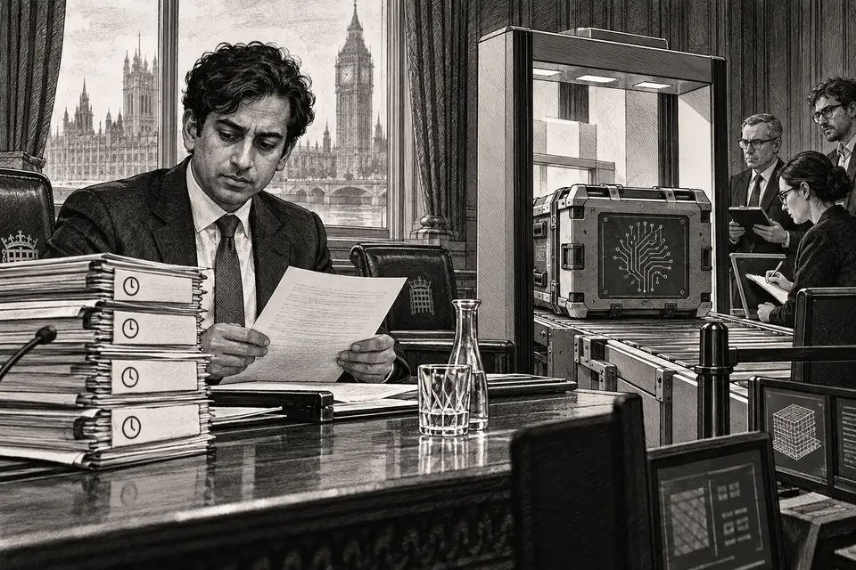 Monochrome editorial drawing of UK AI minister Kanishka Narayan reviewing incident reports as an advanced AI model passes through an independent inspection gate