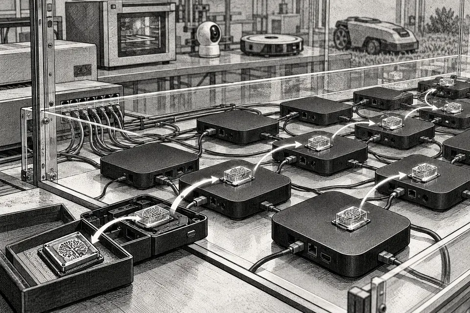 Monochrome editorial drawing of a contained research network copying an AI model across low-cost Android TV boxes, with smart appliances behind a safety barrier