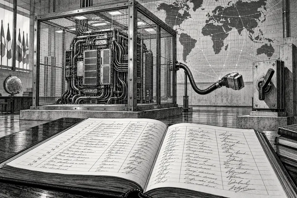 Monochrome editorial drawing of a cyber-capable AI system isolated inside a Faraday cage beside a disconnected cable and an international incident ledger