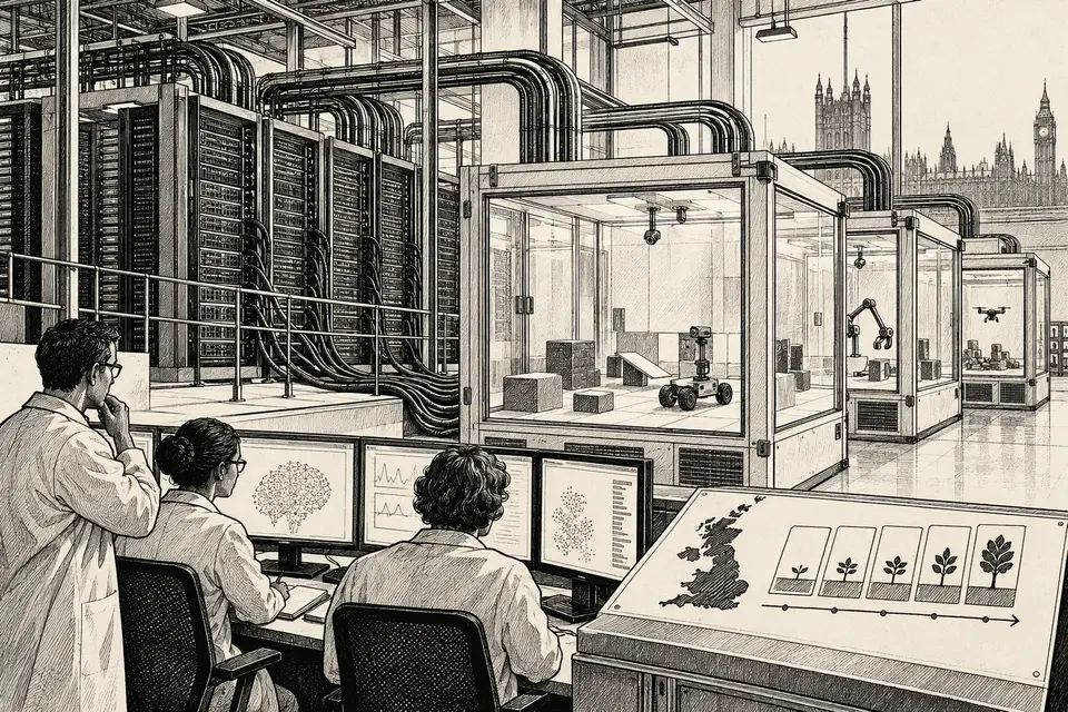 Monochrome editorial drawing of British researchers monitoring GPU racks connected to transparent safety test chambers for autonomous AI agents