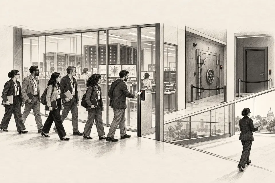 Monochrome editorial drawing of six independent evaluators entering an AI laboratory while restricted vaults remain closed