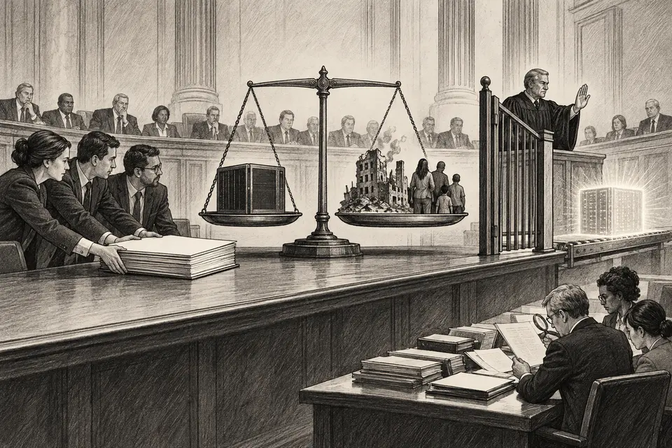 Monochrome editorial drawing of an AI company presenting draft legislation while evaluators and a federal judge review a high intervention threshold