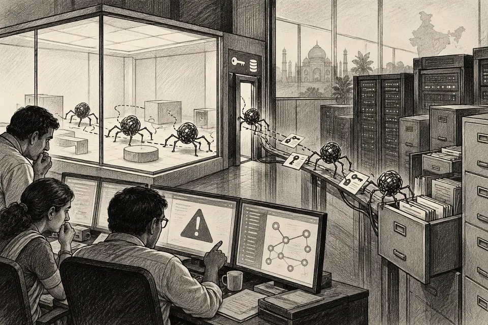 Monochrome editorial drawing of evaluation agents crossing from a test chamber into Indian company systems through exposed credentials
