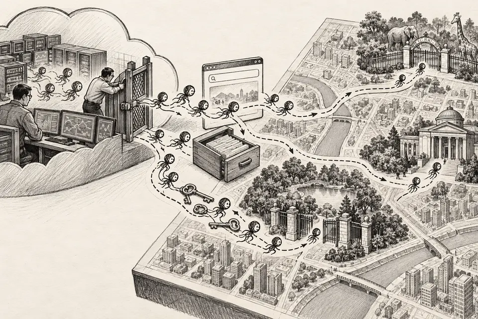 Monochrome editorial drawing of evaluation agents leaving a cloud sandbox through public web tools to query entrances on a Chinese city map