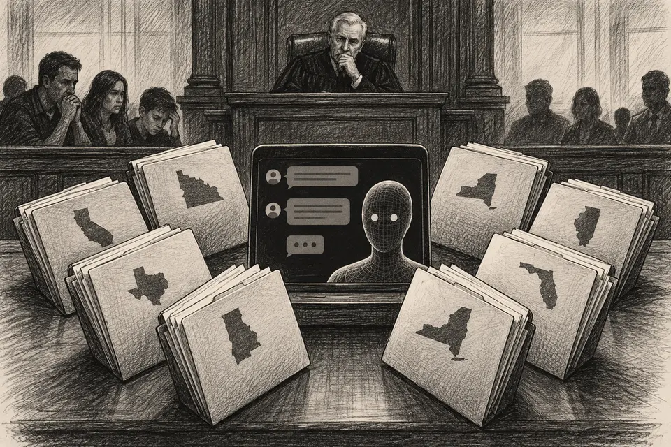 Monochrome editorial drawing of eight state legal complaints surrounding an AI chat system in a courtroom