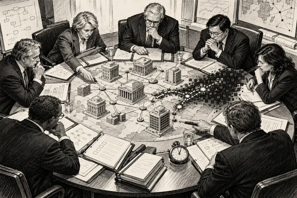 Monochrome editorial drawing of seven finance officials running a tabletop simulation of an AI-enabled cyberattack on banks