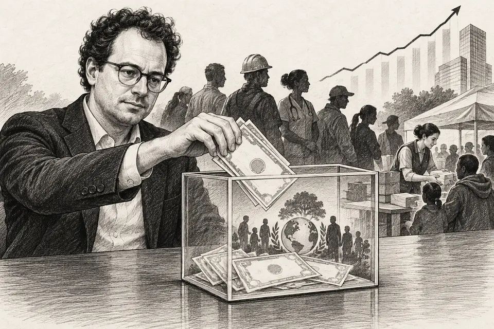 Monochrome editorial drawing of Dario Amodei placing company shares into a public benefit fund for workers and communities