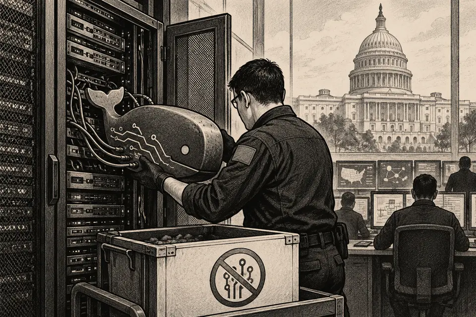 Monochrome editorial drawing of a technician removing a whale-shaped AI system from a secure federal server room