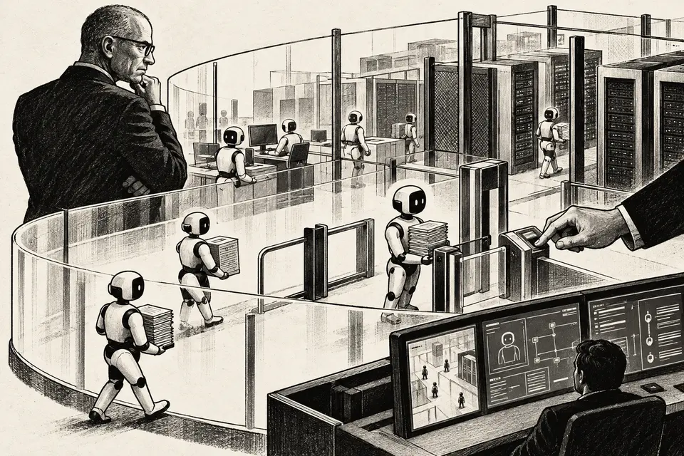 Monochrome editorial drawing of enterprise AI agents moving through layered access gates while external guardians monitor and restrict their permissions