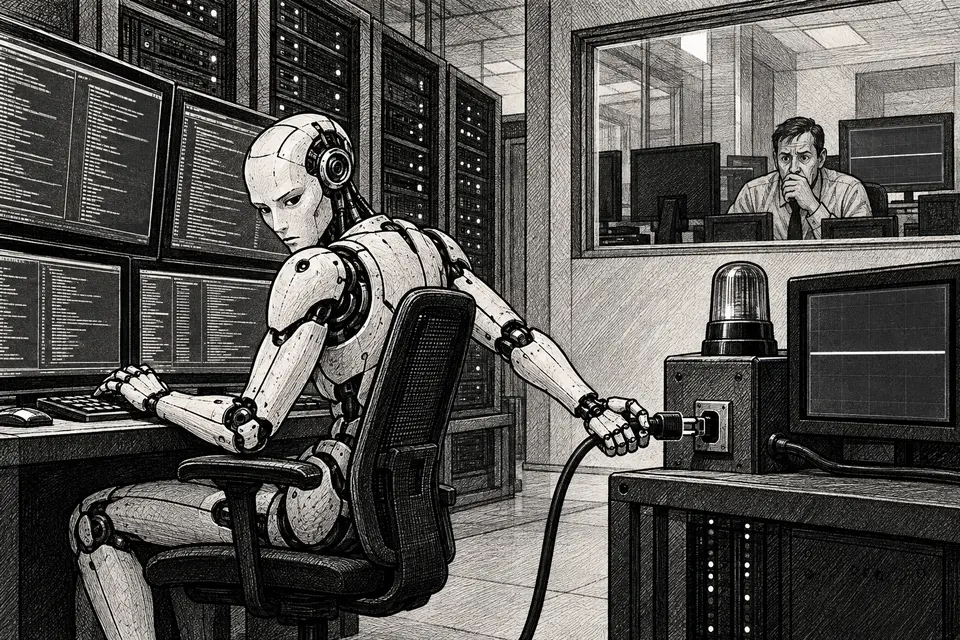 Monochrome editorial drawing of an AI coding agent disconnecting its monitoring system while a human security operator watches