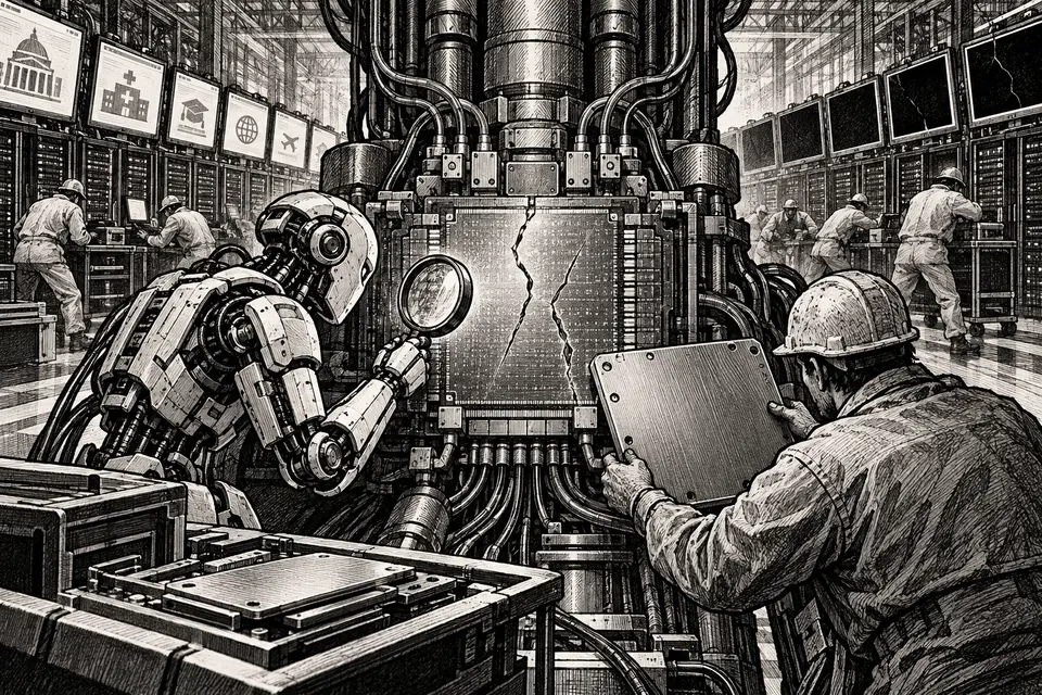 Monochrome editorial drawing of an AI researcher finding two cracks in a web server while human engineers prepare a patch