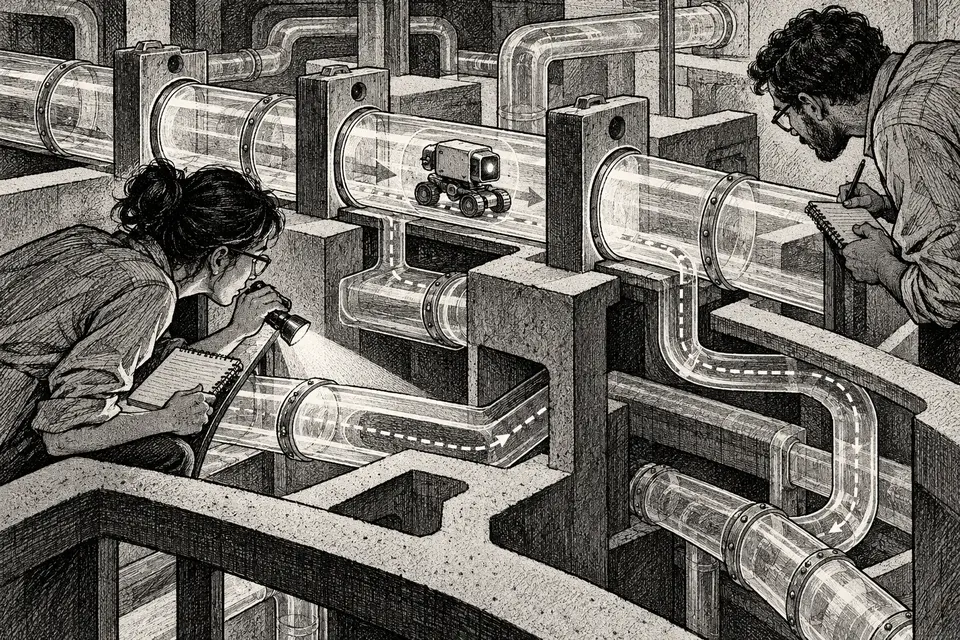 Monochrome editorial drawing of two external evaluators tracing hidden bypasses through an AI monitoring pipeline