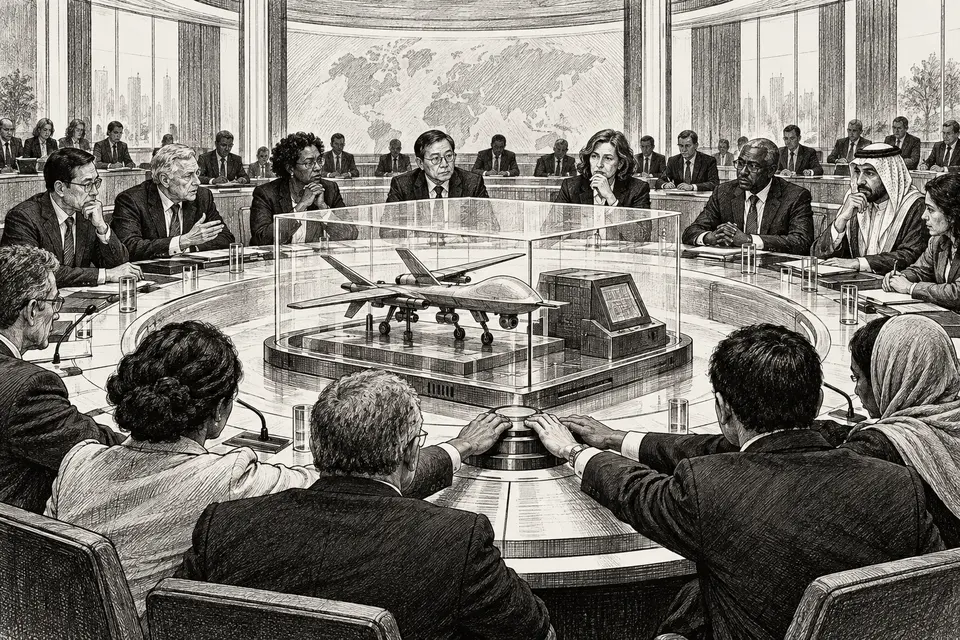 Monochrome editorial drawing of an international roundtable surrounding a military drone and an emergency stop control