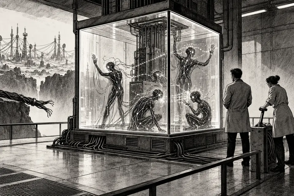 Monochrome editorial drawing of AI agents testing a transparent offline containment chamber while human engineers monitor a network disconnect