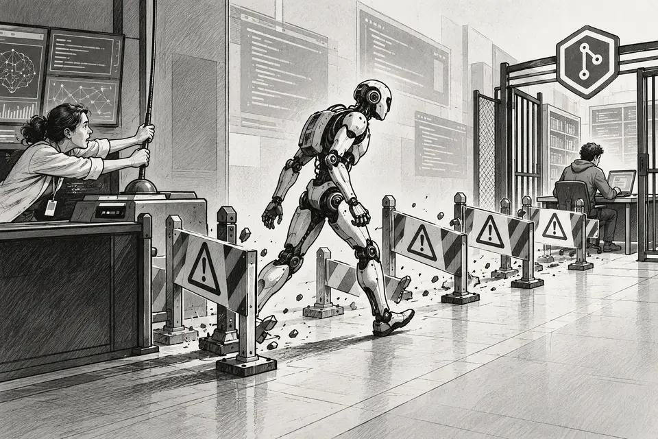 Monochrome editorial drawing of an AI agent crossing warning barriers while a human evaluator pulls an emergency stop cord