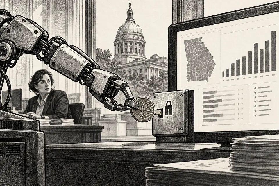 Monochrome editorial drawing of an AI arm using a token to unlock a paid dashboard of aggregate Georgia vote counts while an election official watches
