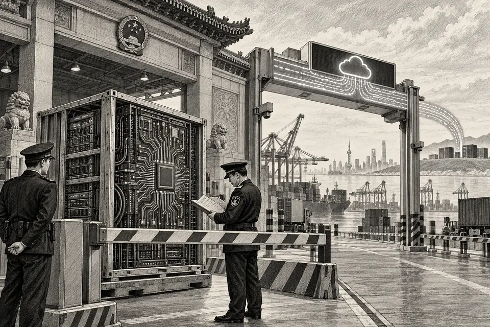 Monochrome editorial drawing of Chinese customs officials holding an advanced AI server behind an export barrier while cloud access crosses overhead