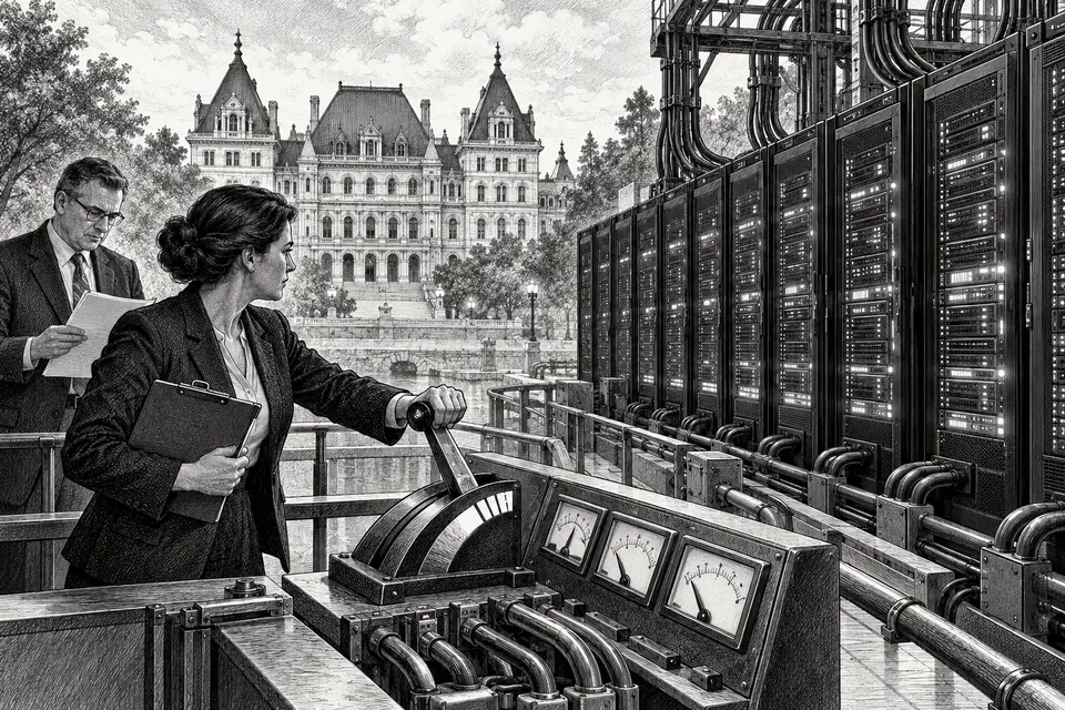 Monochrome editorial drawing of a New York state examiner using a large control lever to limit power flowing into frontier AI server racks near the State Capitol