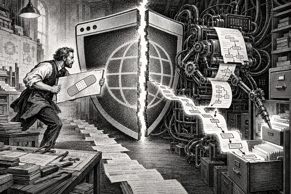Monochrome editorial drawing of a human software maintainer racing to patch a split browser shield while a machine turns the visible fix into an exploit chain reaching a file cabinet